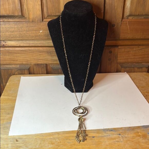 Contemporary Circular Pendant with Tassel Bronze Tone Chain Necklace 24” - Picture 6 of 6